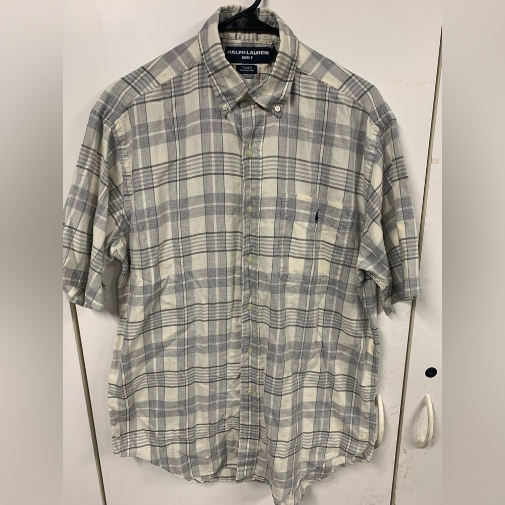 Ralph Lauren Mens Tilden Button Down Shirt Beige Plaid Small Short Sleeve‎ Pony